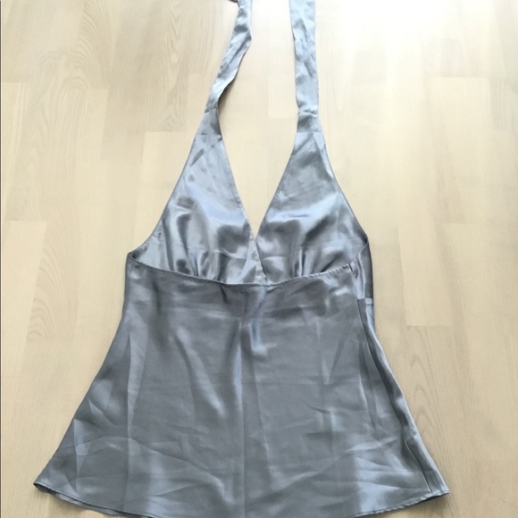 La Vie En Rose Smooth Satin Steel Blue Halter Sleeping Tank Top - Picture 3 of 6